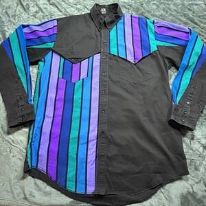 Vintage Cowboy Threads Western Shirt Men's Large Black Multicolor Striped Yoke